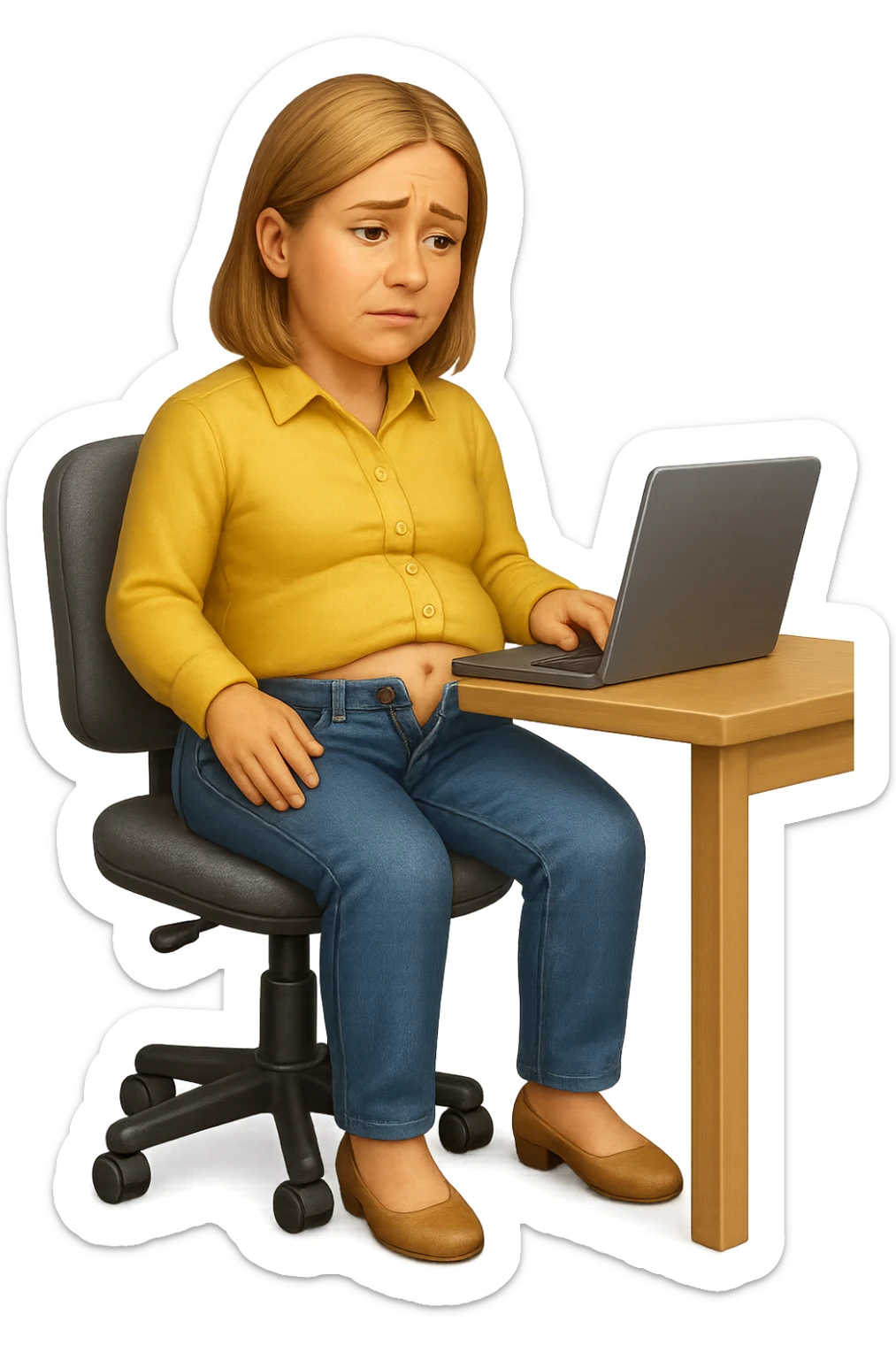 emoji stile iphone di una donna seduta alla scrivania dell'ufficio con i pantaloni sbottonati perché ha la pancia gonfia, falla a corpo intero, iperrealistico 4k sticker