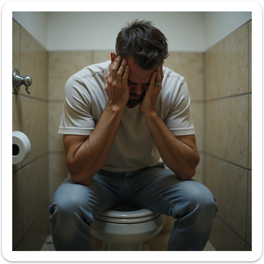realistic hyper-detailed 4K image of a man in bathroom sitting on toilet, face contracted in pain, sweating, casual clothes, realistic environment sticker