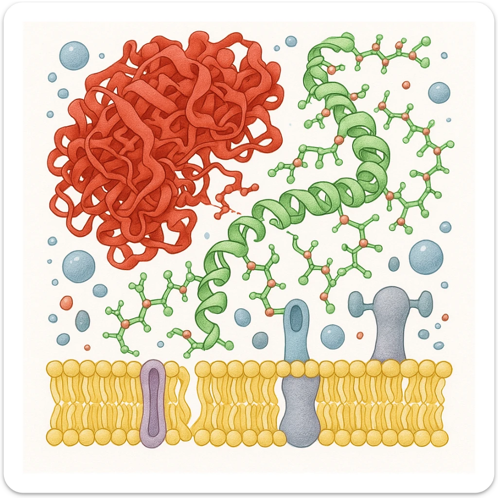 Ultra-realistic scientific illustration of enzymatic starch digestion at the cellular level, rendered in textbook-accurate detail. Show:

Multiple amylase enzyme molecules (red, with clear tertiary structure showing alpha-helices and beta-sheets) actively cleaving
Starch polymers (green amylose/amylopectin with accurate glucose unit linkages - α(1→4) and α(1→6) branches)
Cell membrane segment (yellow phospholipid bilayer with integral proteins and cholesterol molecules)
Reaction environment (blue water molecules, ionic interactions, pH-sensitive groups)
Molecular interactions (hydrogen bonds, substrate-enzyme transition state, electron cloud textures)
Technical Specifications:

Style: Nature Journal-quality structural biology visualization
Lighting: Cryo-EM-like isosurface rendering with subtle ambient occlusion
Perspective: 150,000x magnification view
Background: Pure white (#FFFFFF)
Accuracy: PDB-level structural correctness (reference 1SMD for amylase)
Exclusions: No labels, no cartoon simplifications
Special Details to Include:

Catalytic triad (Asp197, Glu233, Asp300) in amylase active site
Starch helix distortion during hydrolysis
Membrane protein channels for glucose transport sticker