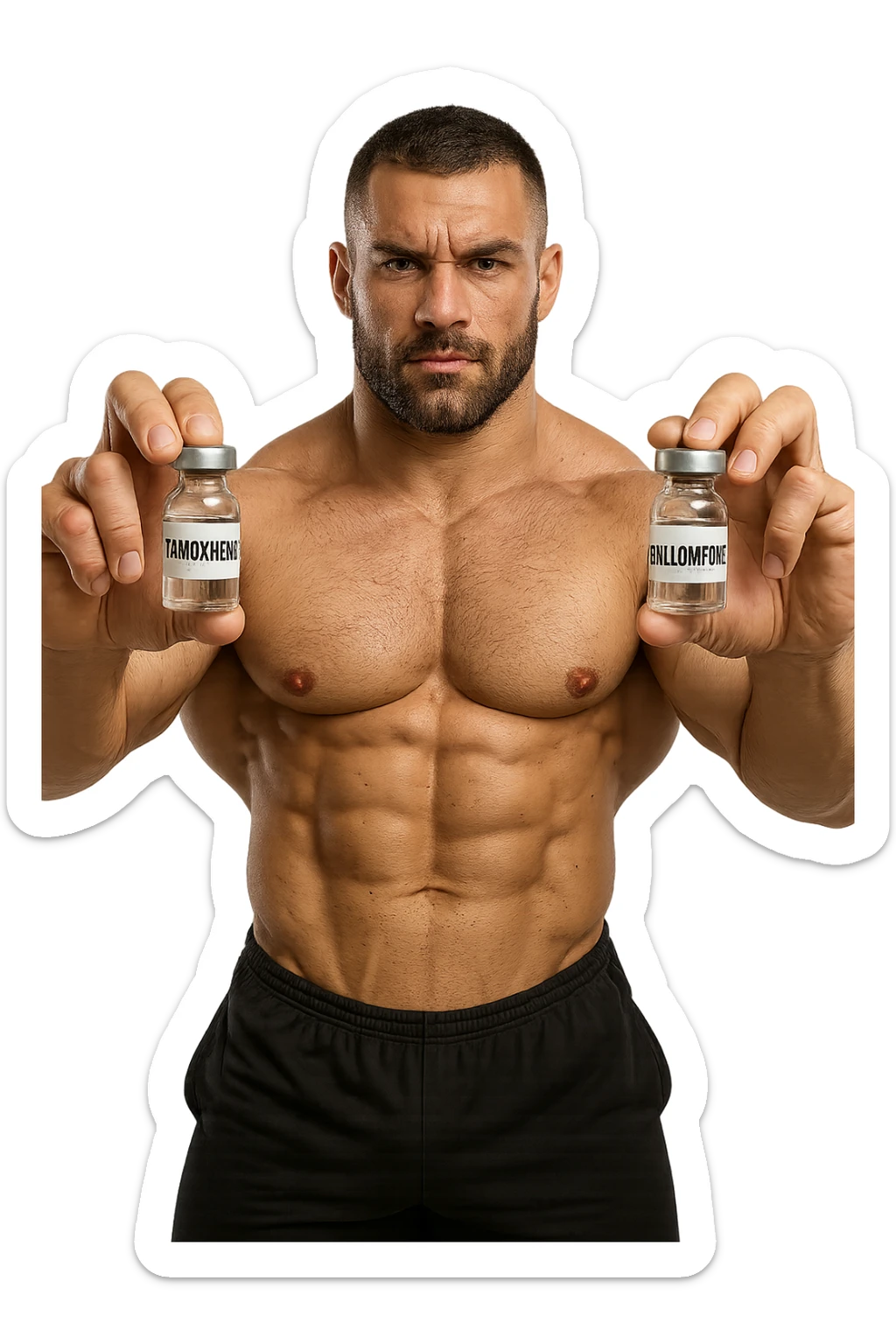 bodybuilder tiene una fiala medica con la scritta "TAMOXIF€NE" NELLA MANO DESTRA E UNA FIALA CON LA SCRITTA €NCL*MIFENE" NELLA MANO SINISTRA sticker