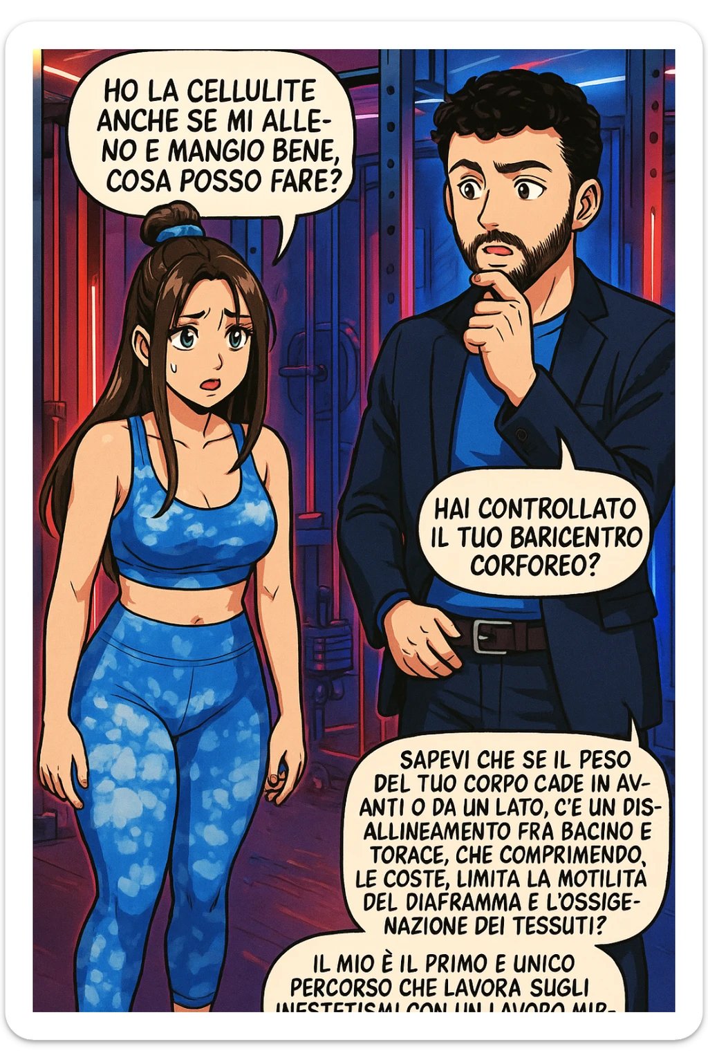 TRASFORMA QUESTO CAROSELLO IN UN FUMETTO STILE MANGA A COLORI CON QUESTE DUE PERSONE IDENTICHE CHE INTERLOQUISCONO TRA LORO:

LEI: Ho la cellulite anche se mi alleno e mangio bene, cosa posso fare?

LUI: Hai controllato il tuo baricentro corporeo?
LUI: Sapevi che se il peso del tuo corpo cade in avanti o da un lato, c’è un disallineamento fra bacino e torace, che comprimendo le coste, limita la motilità del diaframma e l’ossigenazione dei tessuti?
LUI: Il mio è il primo e unico percorso che lavora sugli inestetismi con un lavoro mirato sul baricentro corporeo. sticker