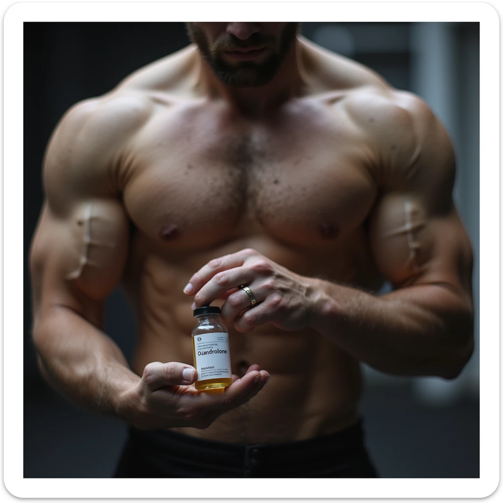 realistic photo of a crossfit athlete holding a vial labeled 'Oxandrolone', tense muscles, bright light, modern gym background sticker