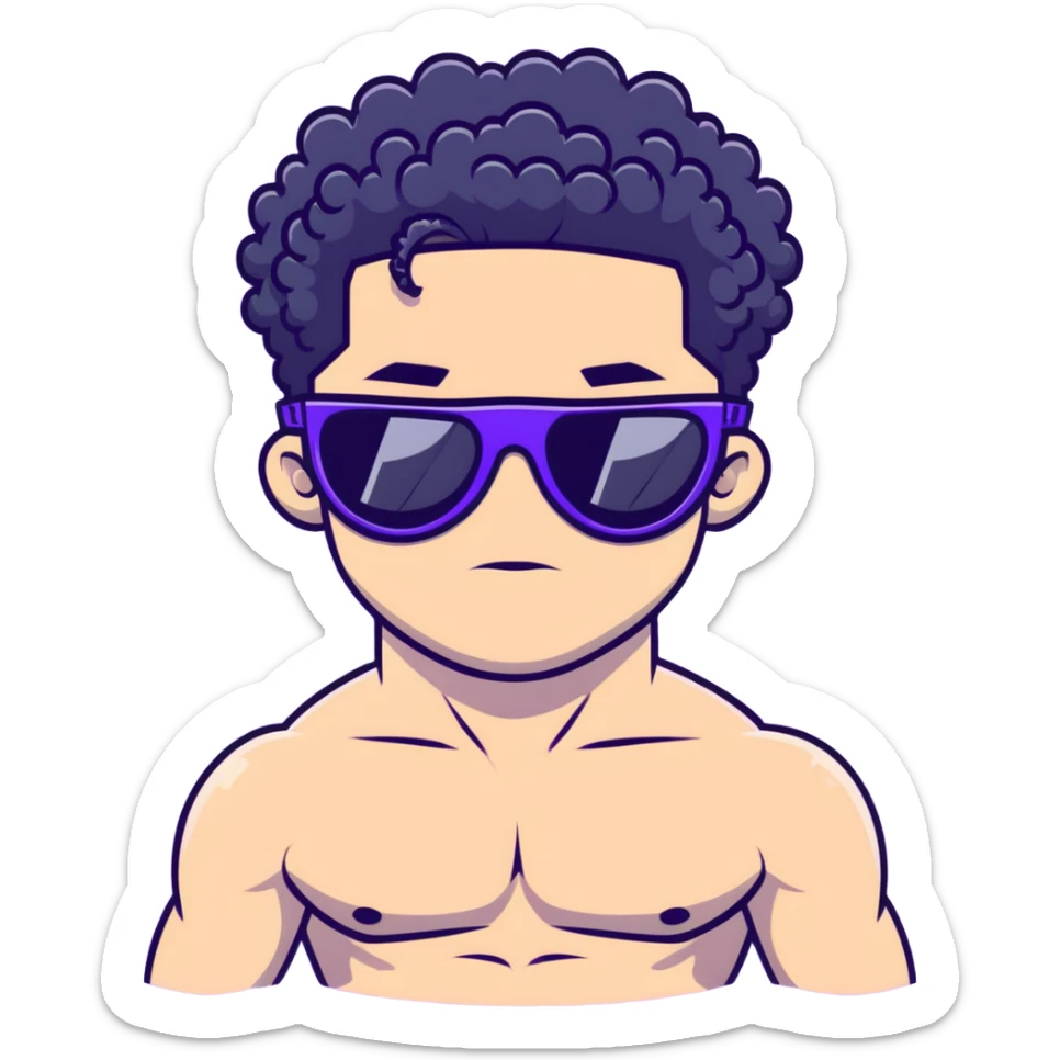 shirtless male athlete with white skin and moderately curly black hair on top with shaved sides, wearing purple sunglasses with black tinted lenses sticker