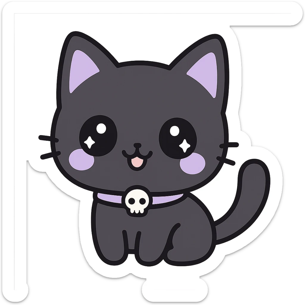 kawaii style gothic cat, happy face, black fur with purple accents, big eyes, tiny skull collar, fun and cute sticker
