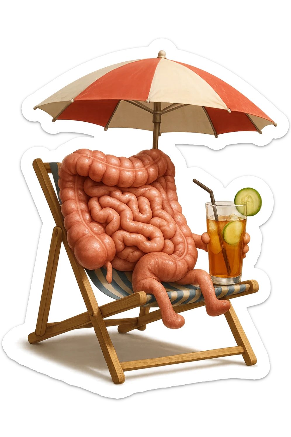 INTESTINO SEDUTO IN SPIAGGIA SOTTO L'OMBRELLONE MENTRE BEVE THè FREDDO CON CETRIOLO
IPERREALISTICO 4K sticker
