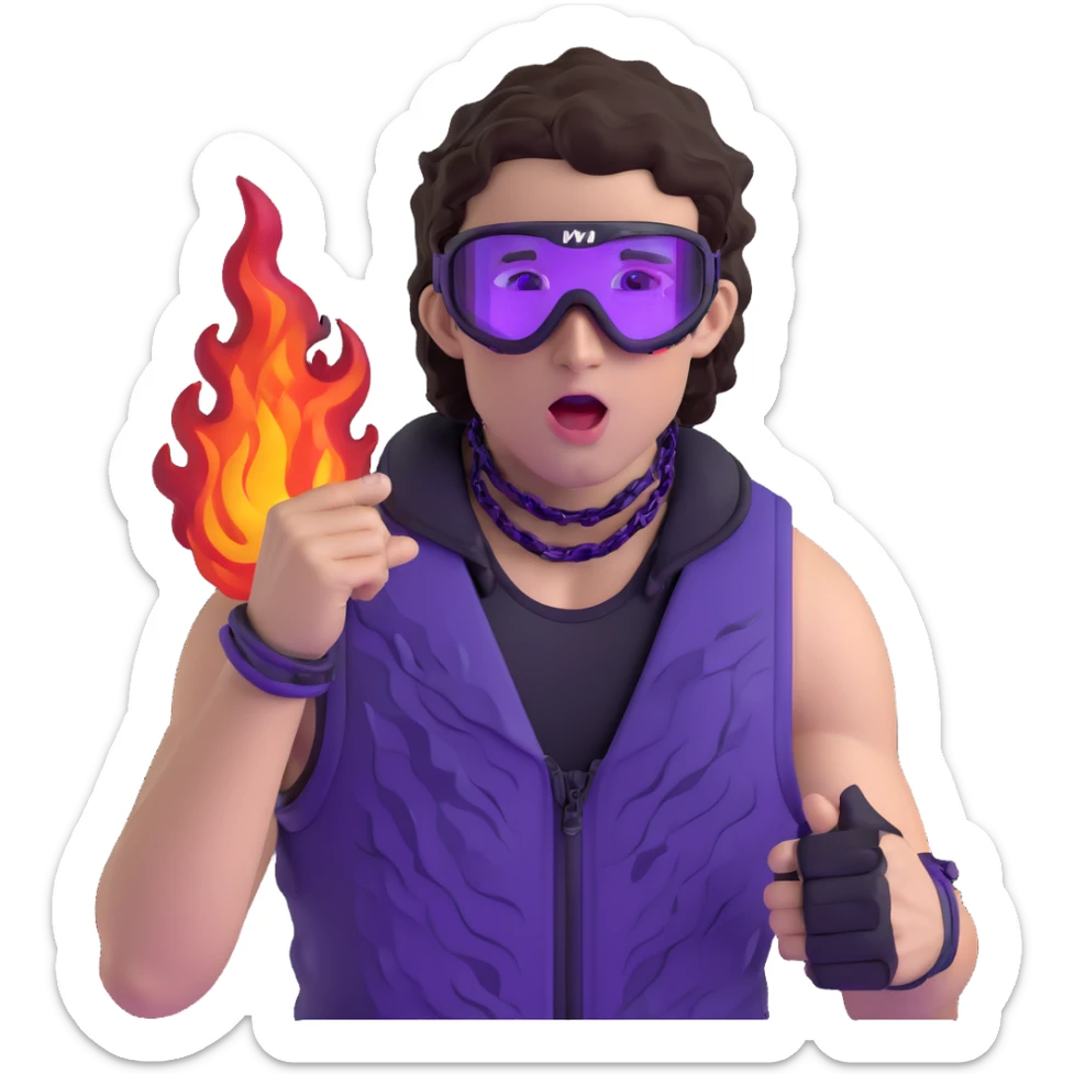 close-up of bad guy male athlete with white skin and moderately curly dark brown hair on top with shaved sides, wearing ski goggles with purple frames and very dark black lenses, a simple plain black chain necklace, and a completely unzipped sleeveless vest with purple and black sequin fire pattern design with no logo, pulling his tongue out very far in an exaggerated mocking gesture, looking menacing and villainous sticker