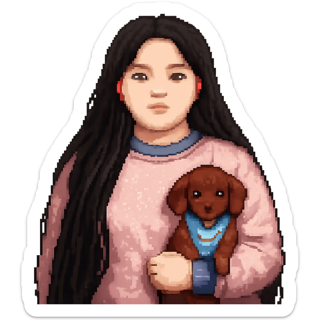 Make the woman's hair much darker and longer, reaching waist length, and increase her weight for a fuller figure, in pixel art style, with no background. sticker