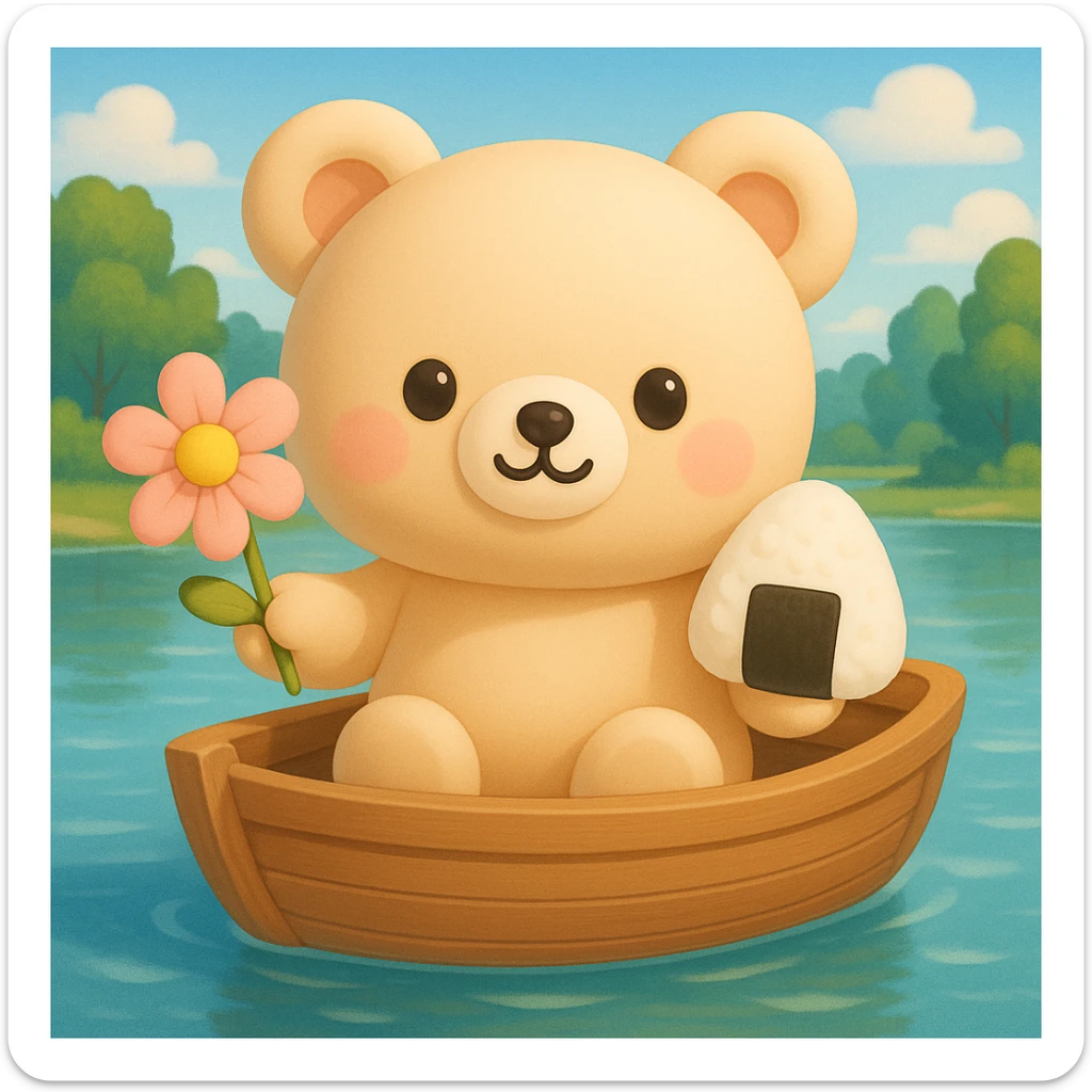 A cute bear in a wooden boat holding a flower and a rice ball with a background. sticker