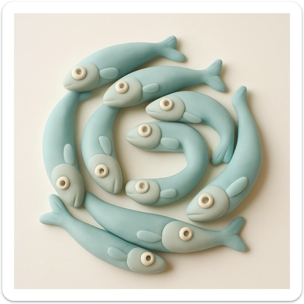 anchovies arranged in a spiral, fondant cake art style, pastel tones, no text sticker