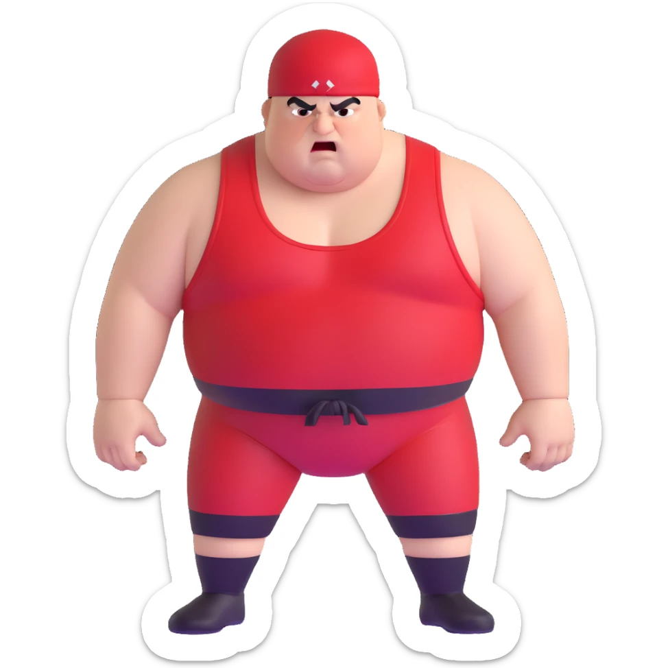 Close-up of white skin fat guy no muscle with prominent black durag, completely shaved face, no beard or mustache, black eyes in a red and black wrestling singlet with angry face sticker