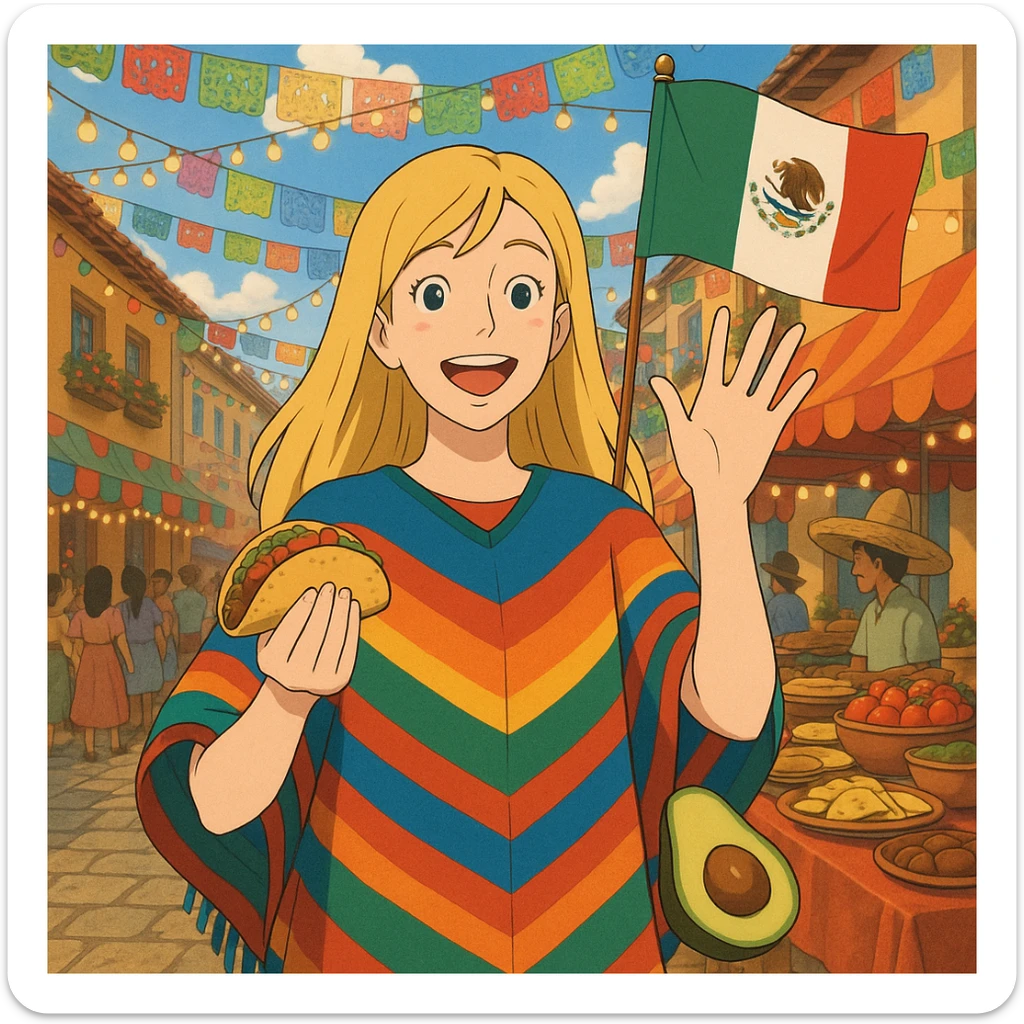 ghibli style cartoon of a tall blonde woman in a colorful poncho, smiling, holding a taco and avocado, waving a Mexico flag, festive street party background with food and decorations sticker