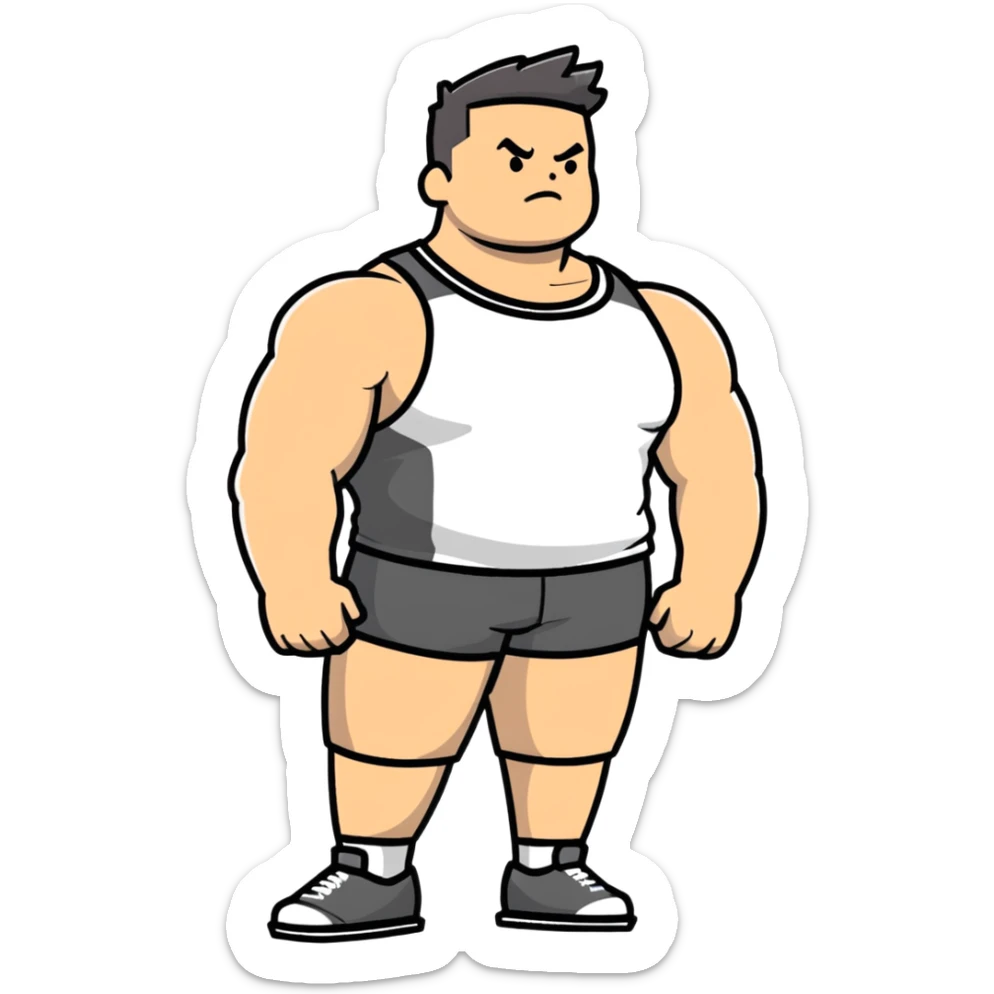full body bulky male figure standing wearing athletic clothes, muscular build, not overweight but not skinny, tank top and shorts sticker