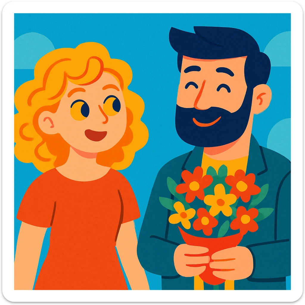 a curly haired girl with yellow eyes and hair parted from the right side, standing next to a handsome bearded man who is holding a bouquet, visually appealing, friendly, and expressive sticker