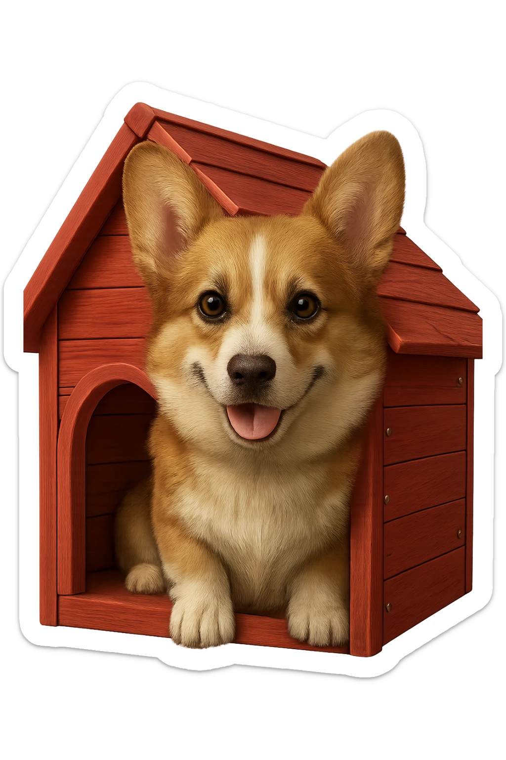 Make the dog house red and make the corgi look even more realistic in an emoji style. Keep the background transparent. sticker