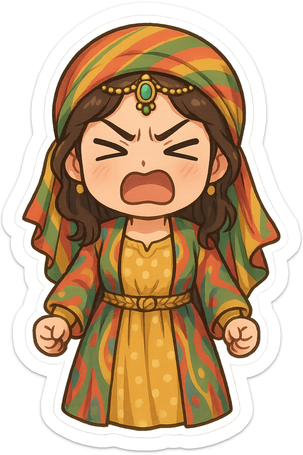 Cartoon sticker of a Kurdish woman wearing traditional colorful and cheerful Kurdish female clothing, face showing anger and rage with furrowed eyebrows and mouth open or closed, fists clenched on both sides of the body, no shadow or color halo around the image, no text, suitable for WhatsApp and Instagram, with a completely transparent background. sticker