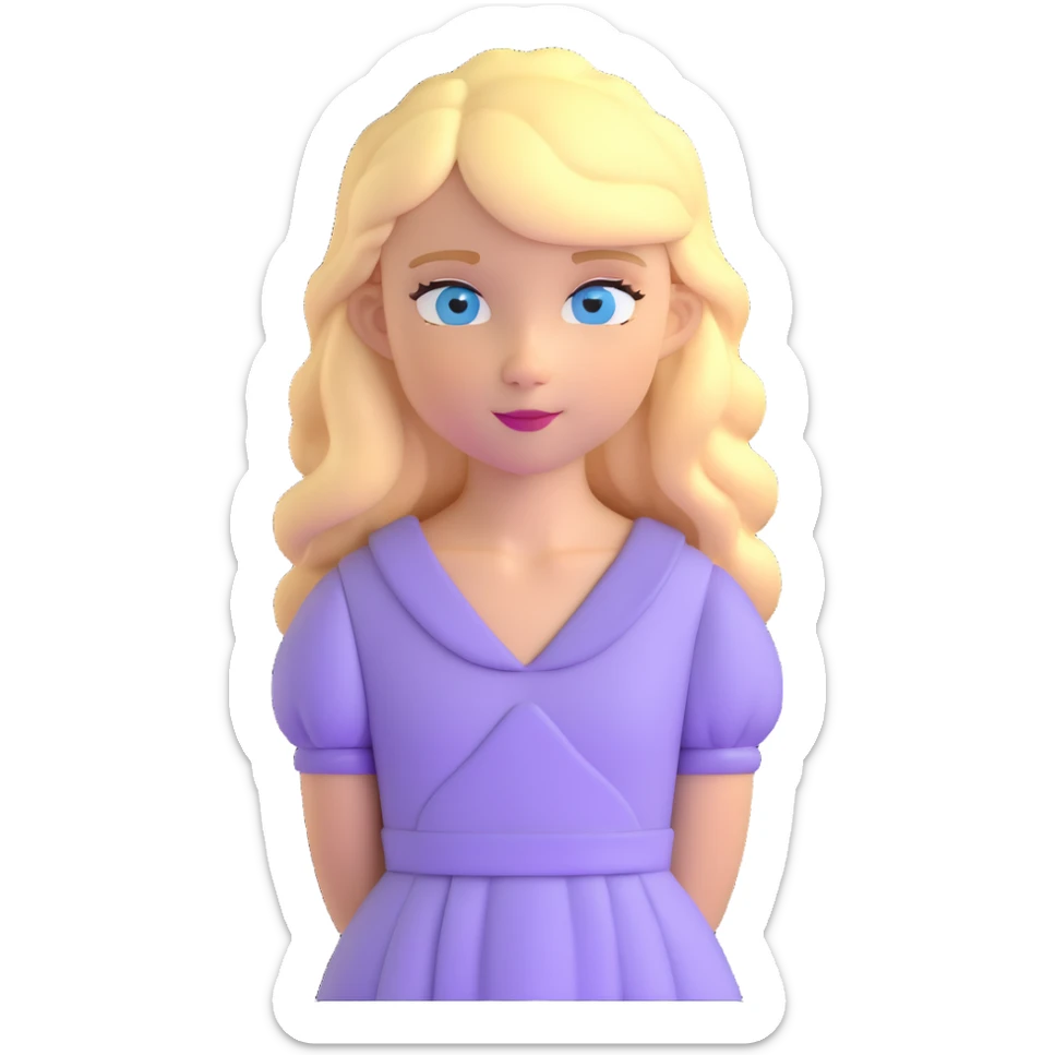 blonde girl with blue eyes and slight wavy hair wearing a lilac dress sticker