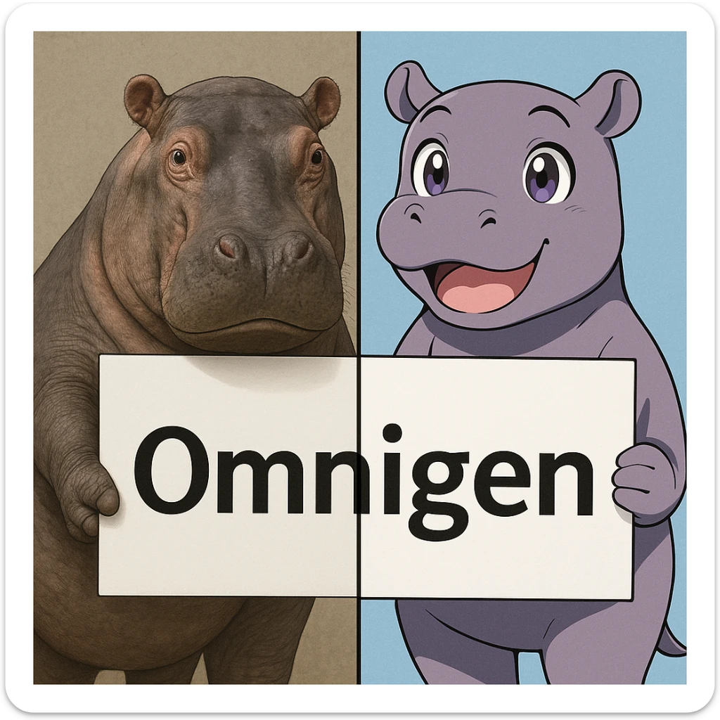 two hippo holding sign of omnigen, half picture 1 hippo is realistic another half is the anime of that same second hippo sticker