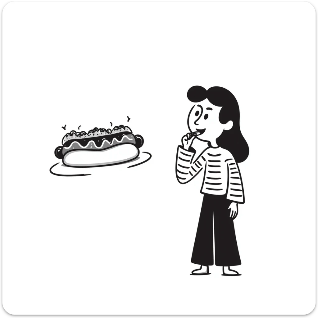 notion style hand drawn doodle of a Chilean person happily eating a completo hot dog sticker