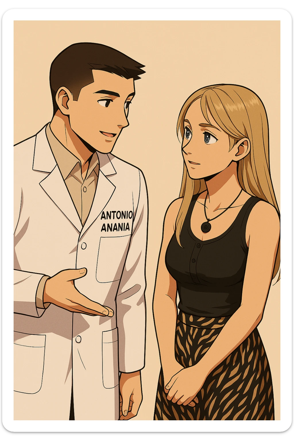 fai un webtoon/manga a colori con questo kinesiologo in camice bianco (fagli la scritta "ANTONIO ANANIA" SUL CAMICE) CHE PARLA CON QUESTA RAGAZZA CON GLI OCCHI AZZURRI. la ragazza gli fa una domanda e IL KINESIOLOGO CON IL CAMICE BIANCO LE risponde. NON FARE I FUMETTI, FAI SOLO LORO COME SE DIALOGASSERO sticker