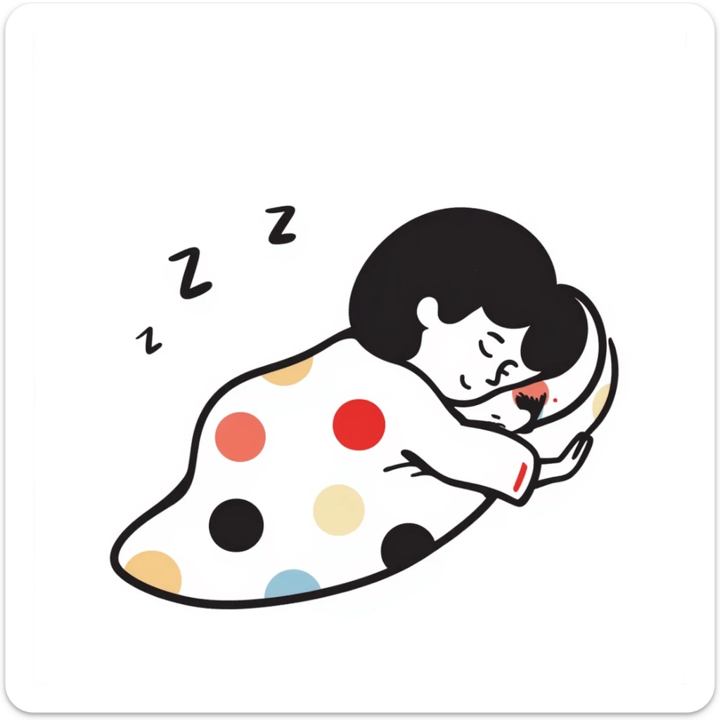 A cute curled-up sleeping person under a colorful blanket with peaceful smile and soft Z's floating. Cozy feeling with gentle pastel colors. Hand-drawn doodle style. sticker