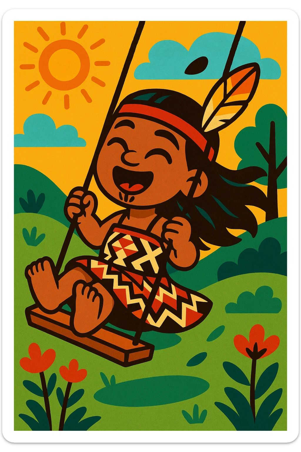 A young Maori girl with traditional features, swinging joyfully on a swing, wearing a patterned dress and a feather in her hair, outdoors, vibrant and expressive style sticker