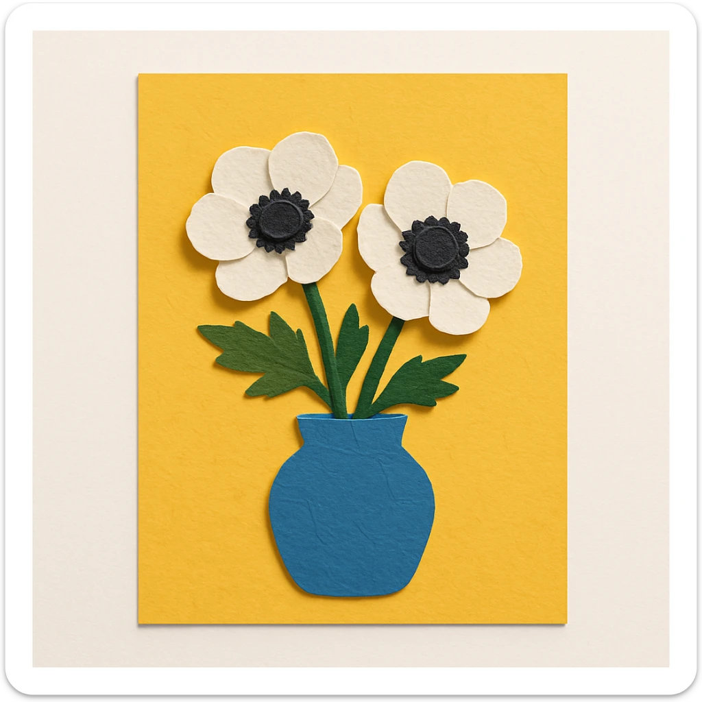 bouquet of white and black anemone flowers in a blue ceramic vase, yellow background sticker