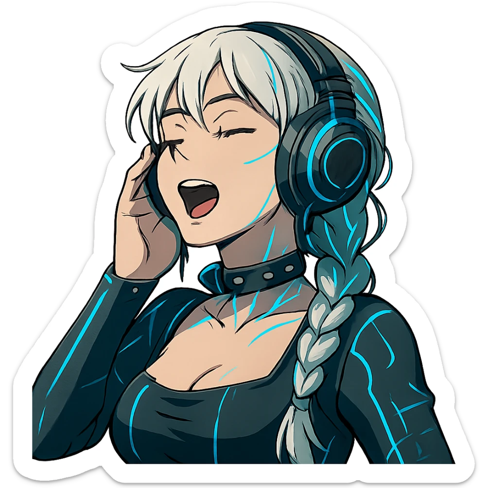 she is listening to music in headphones and JAMMIN!, a closeup portrait of young woman with gold yellow eyes, white hair, long braid, black off-shoulder top d-cup, punk gothic style, futuristic cyberwave cyberpunk,  eyes closed, singing, one hand on the headset sticker