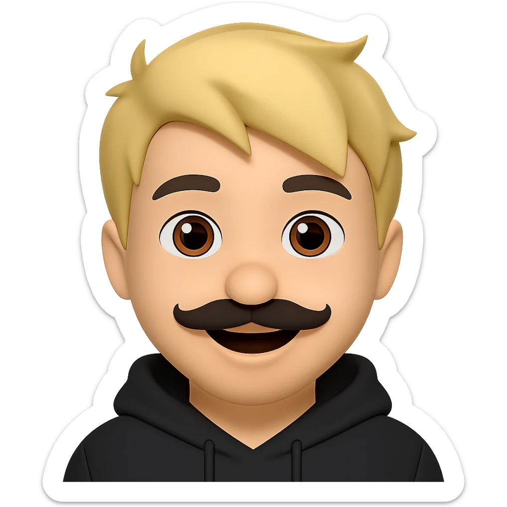 Add a black hoodie to the Asian man with a small mustache and short messy blond hair in emoji style. Preserve the transparent background. The man is smiling. sticker