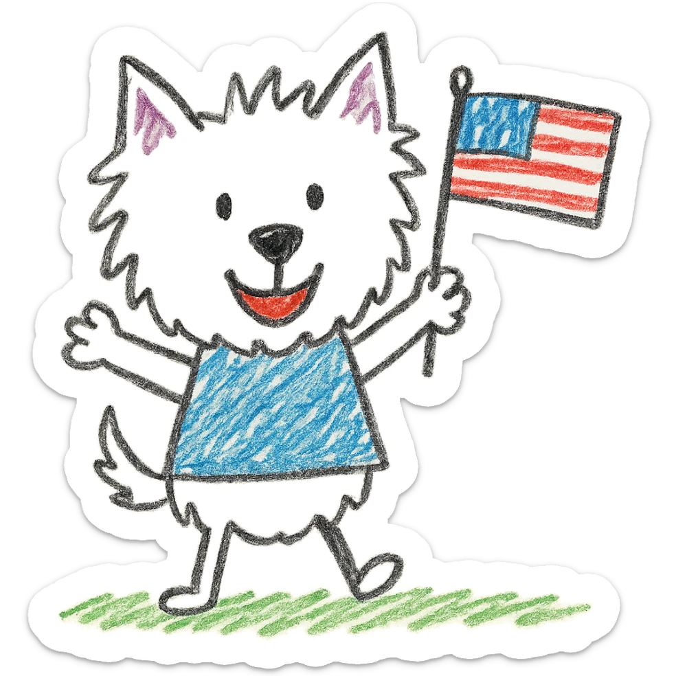 happy Westie dog waving a small US flag, children’s doodle cartoon style sticker