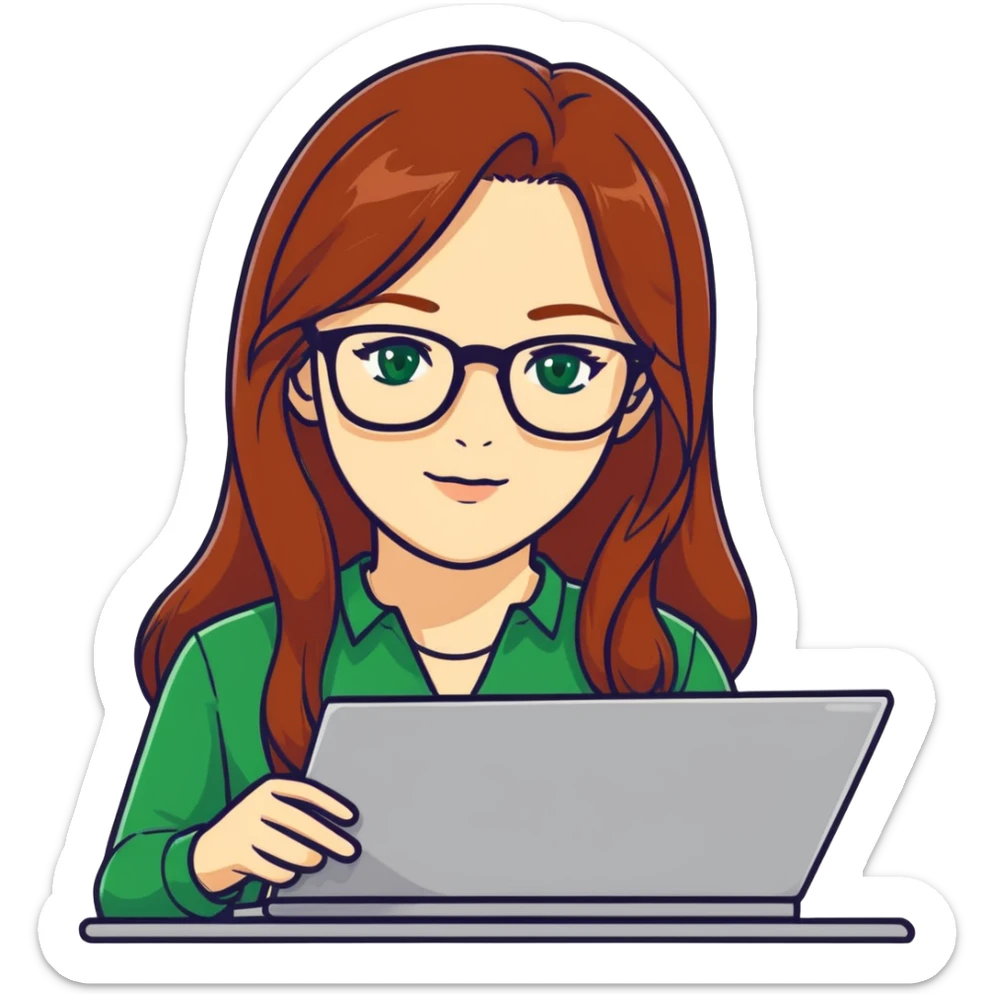 A beautiful long Auburn hair, scientist, woman with green eyes glasses who has been working 12 hours straight making science wonderful sticker