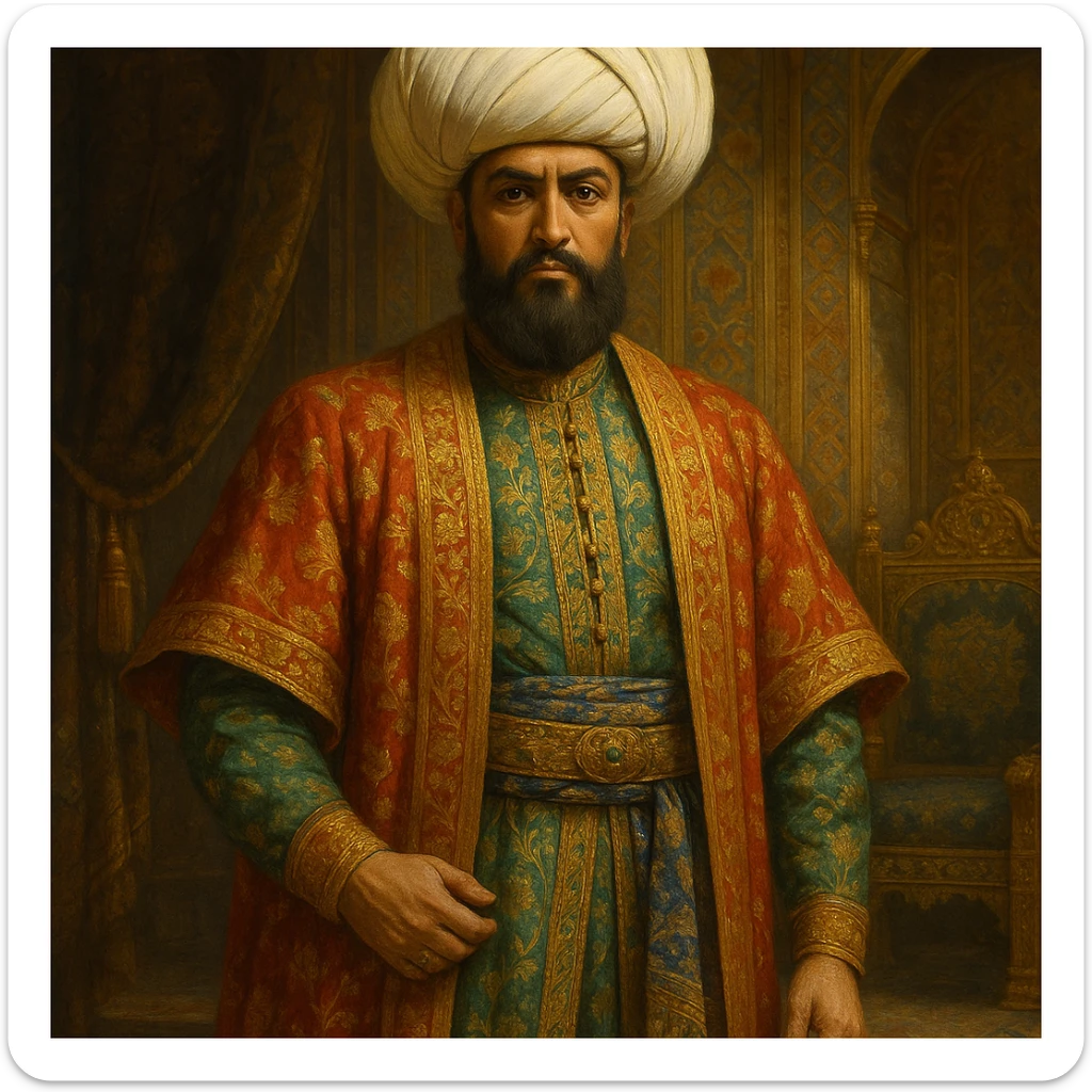 Seljuk Turkish emperor, historical costume, grand turban, luxurious fabrics, imperial presence, rich colors sticker