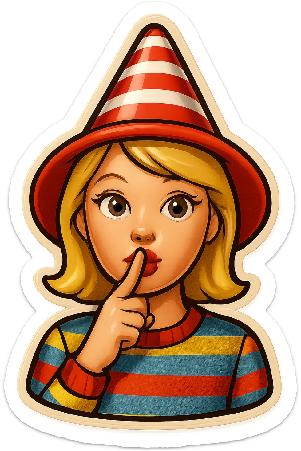 Add a finger in front of the pursed lips to clearly show the shushing gesture, keeping the striped party hat and festive vibe, no background. sticker