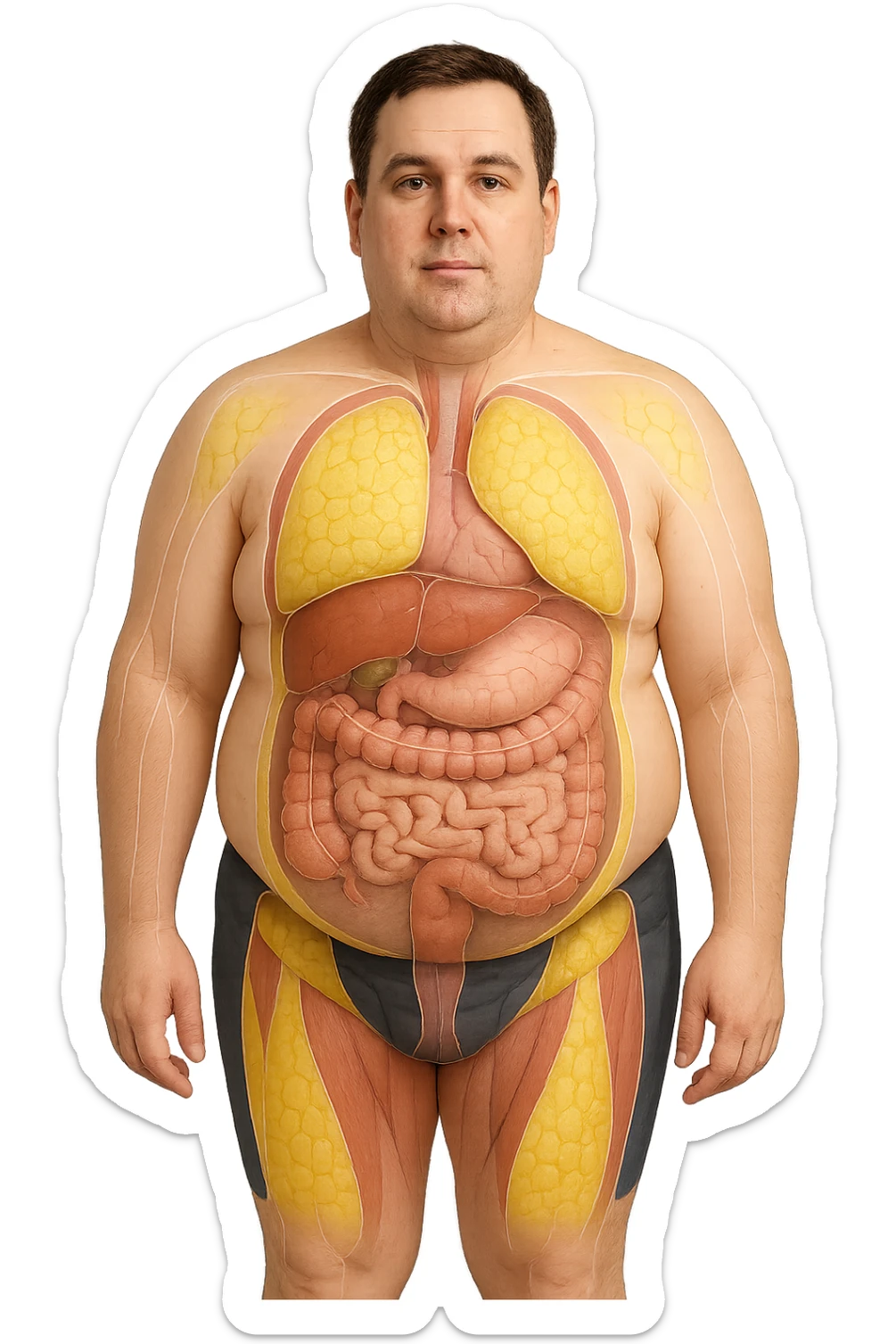 an adult man with a visibly overweight physique stands in a clinical setting. Semi-transparent overlays highlight areas of fat accumulation, especially around the abdomen, chest, and thighs. The fat tissue is shown in yellow, contrasting with underlying muscles and organs. The background is clean and modern, emphasizing the educational aspect. senza scritte sticker