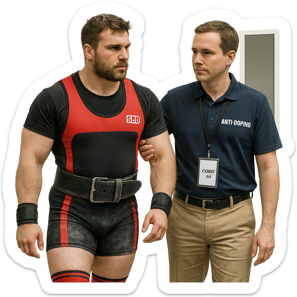 European powerlifter in competition clothing, escorted by anti-doping official to testing room, control atmosphere, realistic details, isolated on white background sticker