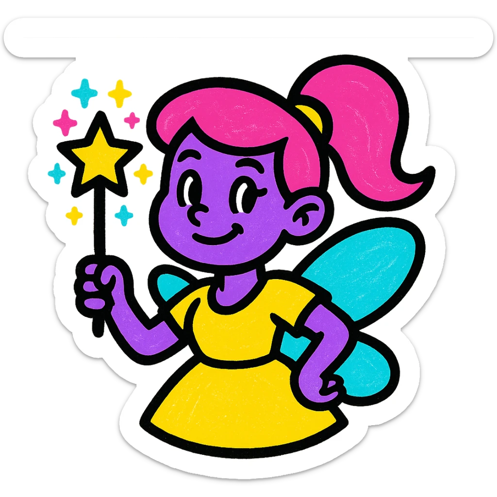 modern cartoon logo of a purple fairy with a sparkling magic wand, not childish sticker