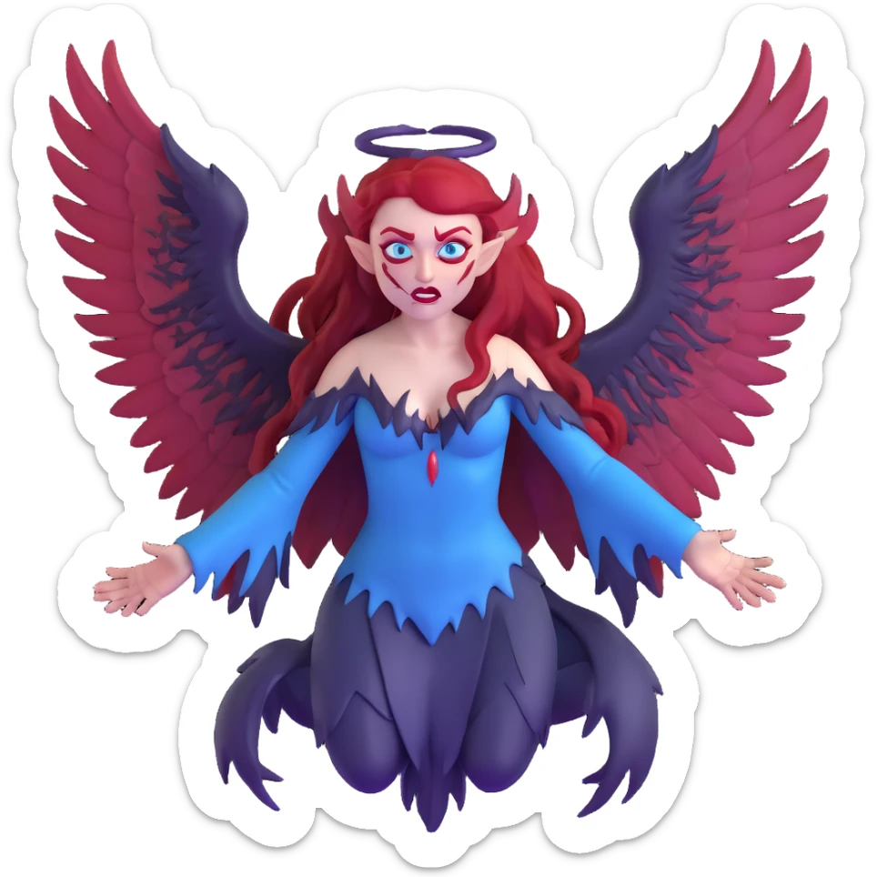 extremely diabolical demon girl with enormous high reaching wings, blood red hair, sinister glowing blue eyes, dark hellish aura, no horns, fangs sticker