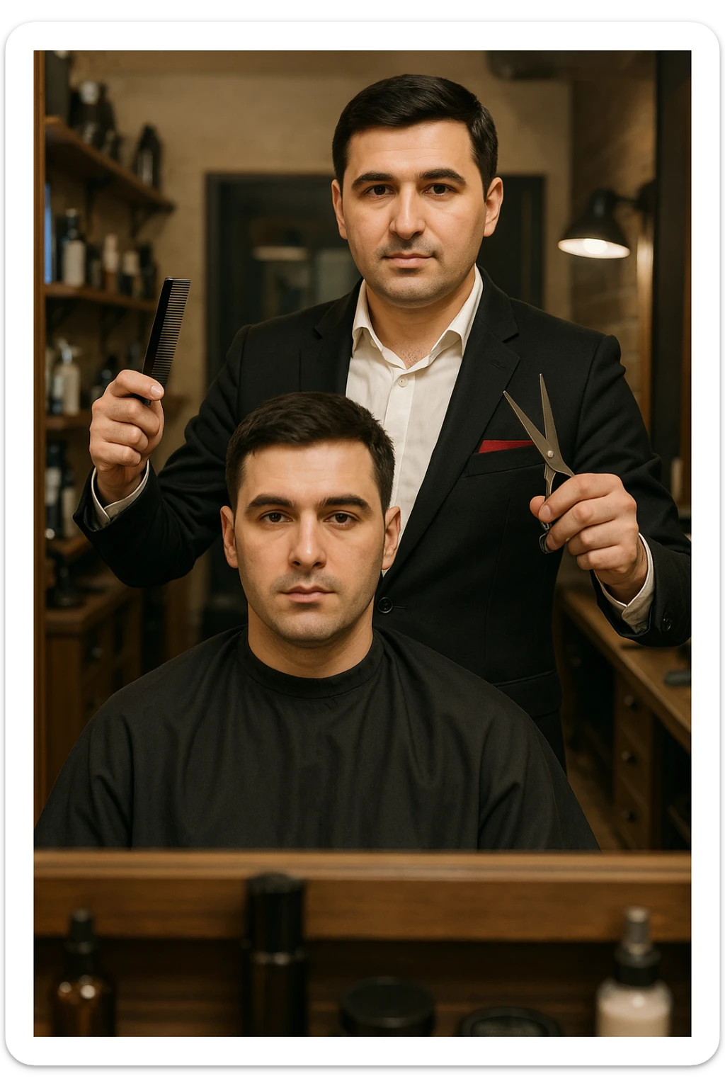 manashu akani yuzlaridan foydalanib sartarosh chizib bergin u soch olishga tayyor turganini chizib ber old rakursda bulsin mijoz tugriga qarab utirganini va sartarosh uni orqasida turib bitta ulida qaychi, ikkta quli bilan tayyorgarlik kurib turganini chizib ber xuddi 1,2,3 boshladik degandey birdaniga ishga kirishib ketadigan dek tayyor bulib tursin sticker