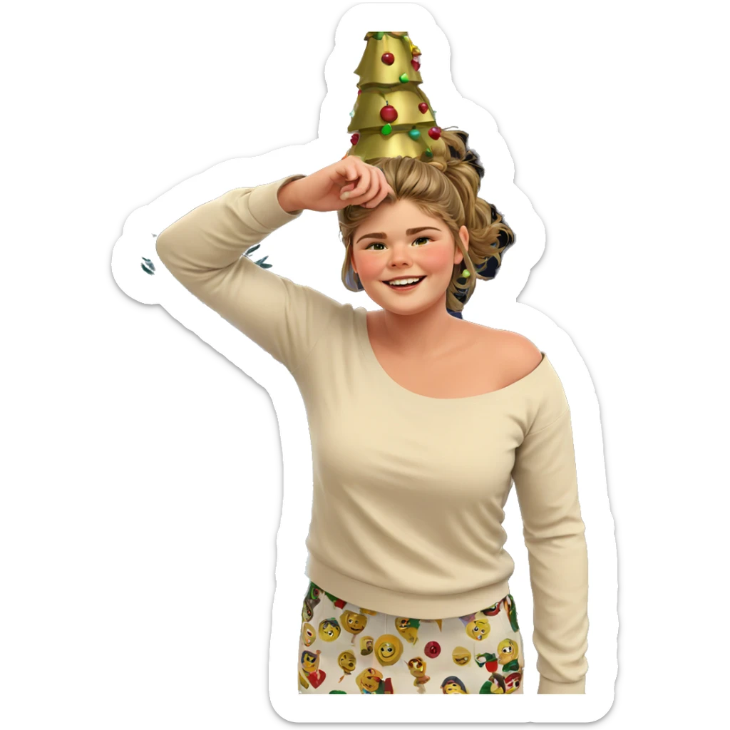 smiling girl by christmas tree sticker