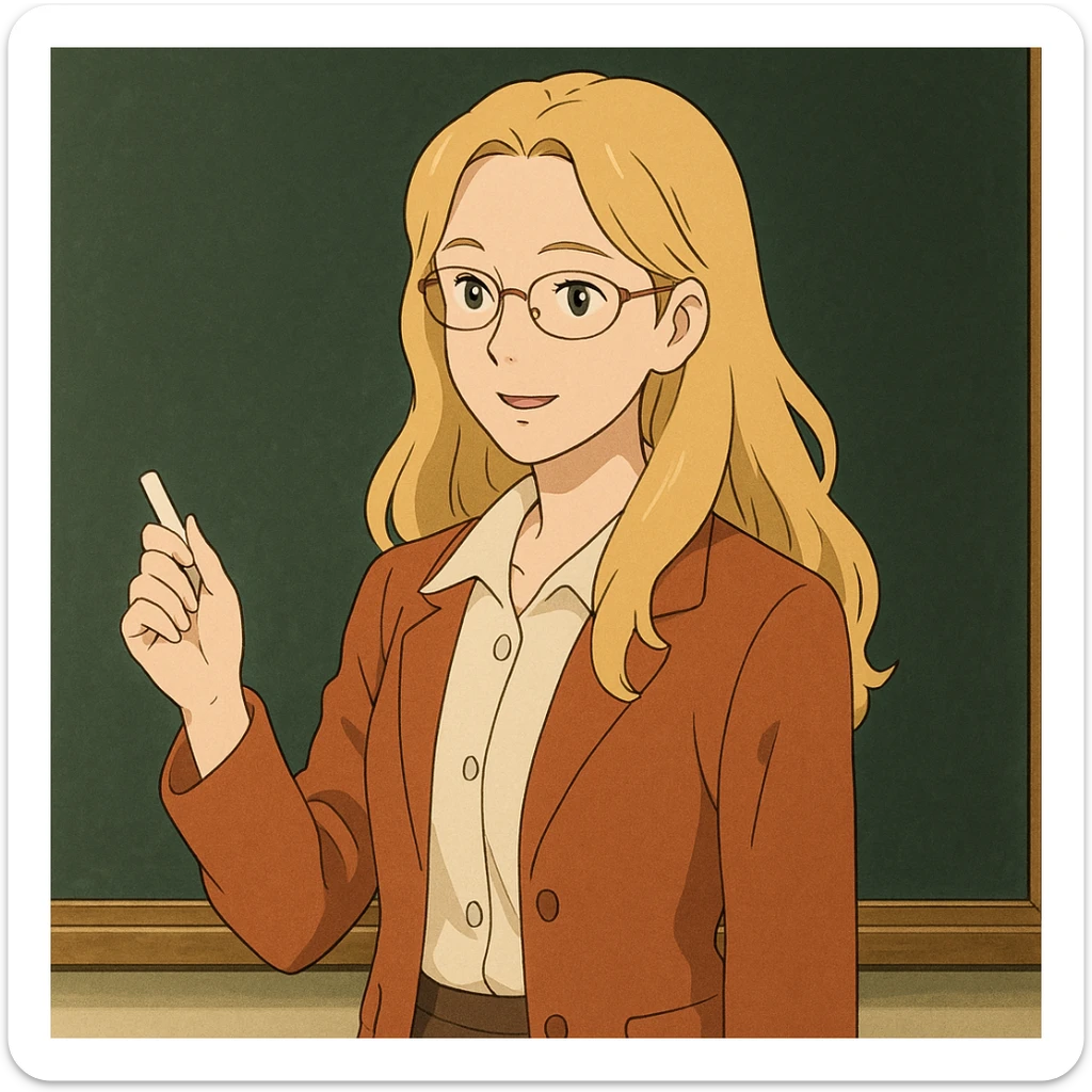 profesora rubia de pelo largo, piel clara, estilo ghibli, con una pizarra sticker