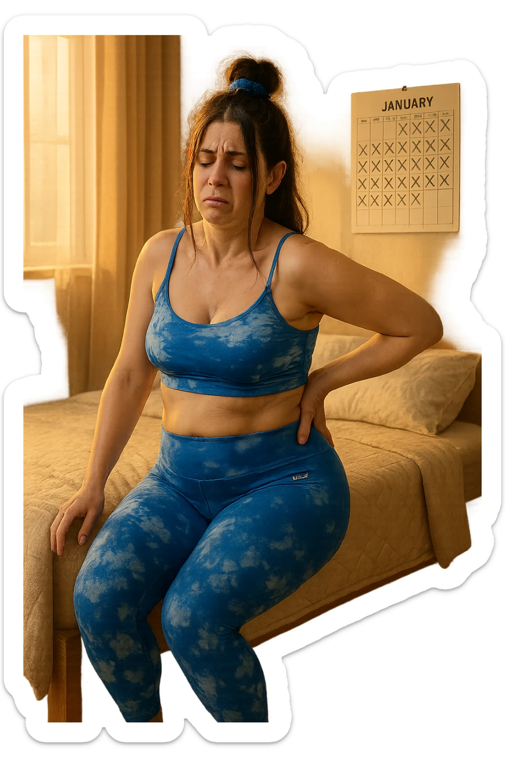 a woman in her 30s sits on the edge of her bed in the morning, holding her lower back with a pained expression. Subtle visual cues, like uneven shoulders or hips, hint at postural asymmetry. The room is softly lit, and a calendar on the wall shows months crossed off, symbolizing chronic pain over the years. sticker