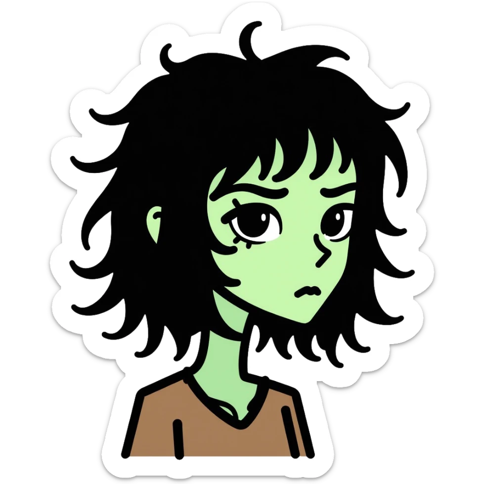 zombie girl with shoulder-length hair in transition, pale green skin, dark circles around eyes, messy hair sticker