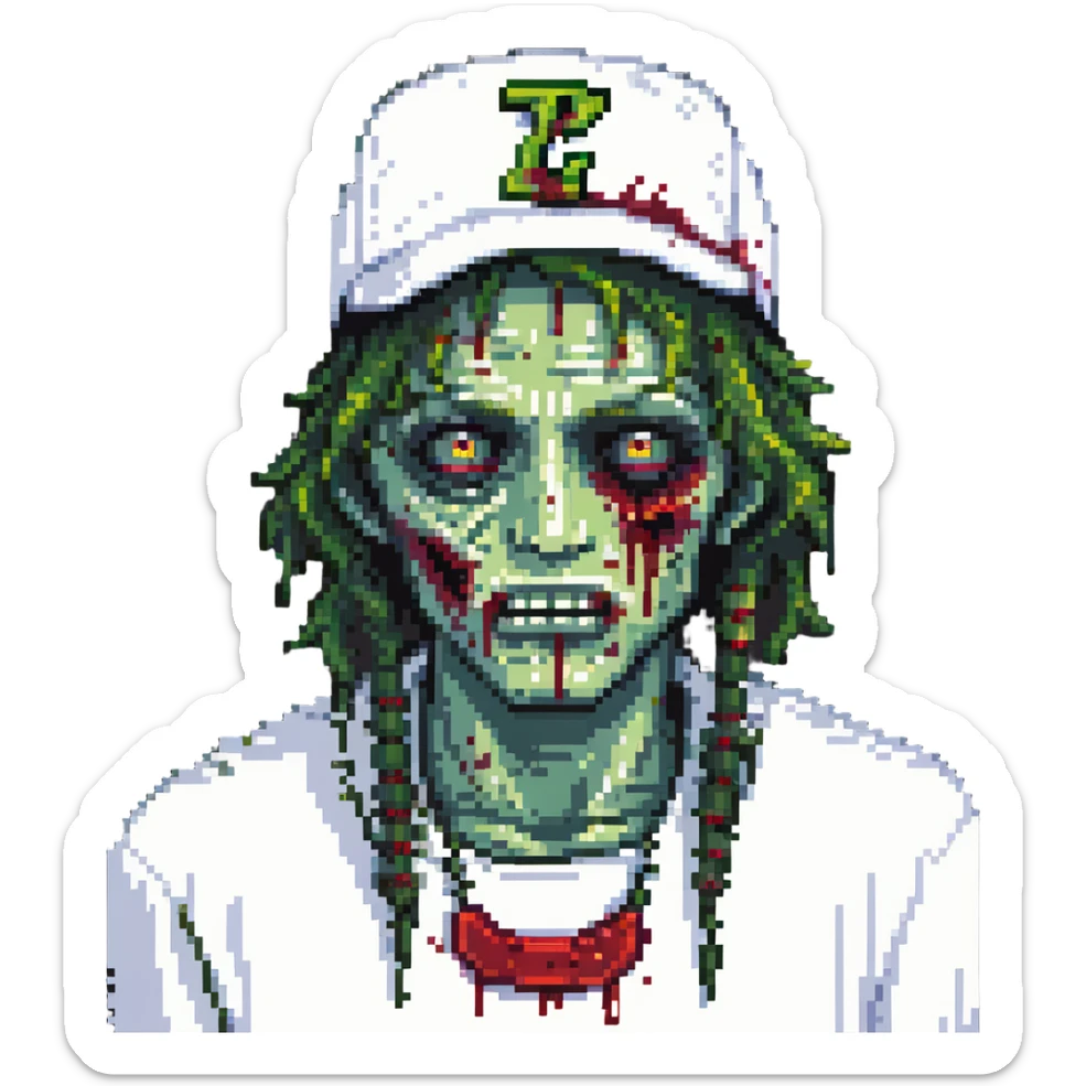 green zombie with blood on lower eyelid, wearing LA hat, white shirt, blood on mouth sticker