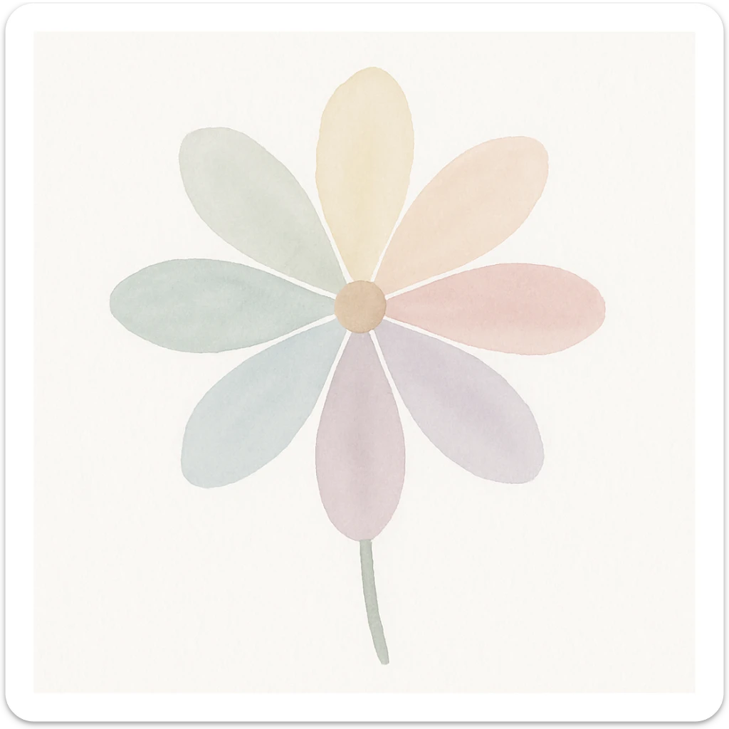 A seven-petal flower with each petal in a different pastel color, watercolor painting style. sticker