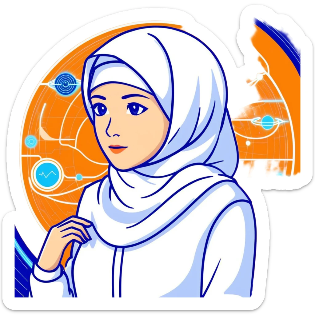 woman with white hijab in blue outfit, gazing forward, encircled by futuristic holographic screens displaying AI visualizations, quantum data patterns, circuit networks, high-tech metaverse elements sticker