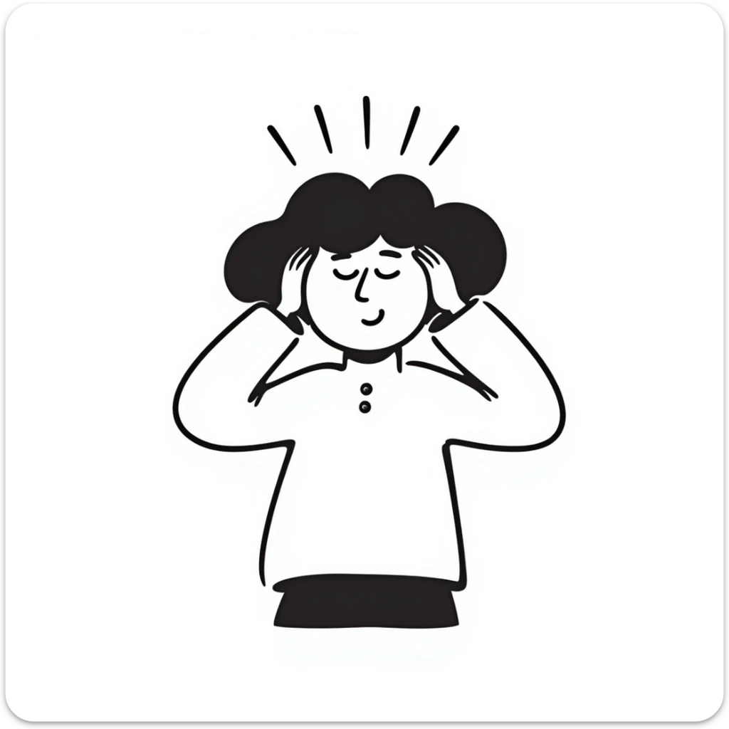 persona con dolor de cabeza, estilo doodle, trazos negros simples, gesto de dolor, líneas sobre la cabeza sticker