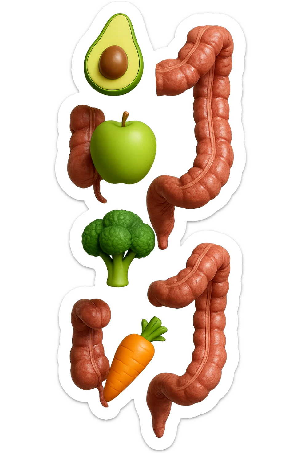 emoji stile iphone in 3d di cibo sano che fluttua in aria vericalmente insieme a pezzi di colon umano anatomico, iperrealistico 4k sticker
