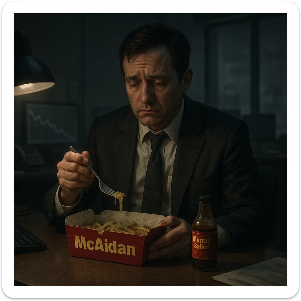 A gloomy office scene with a sad investment banker eating a clearly labeled 'Mcaidan' meal and 'Murray Sauce.' The food is soggy and depressing, and the character's mood is obvious. sticker