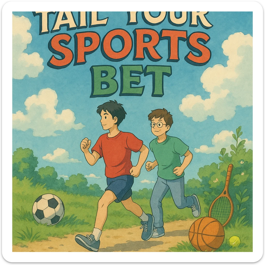 ghibli style illustration of a person following another with sports elements, representing 'tail your sports bet' sticker