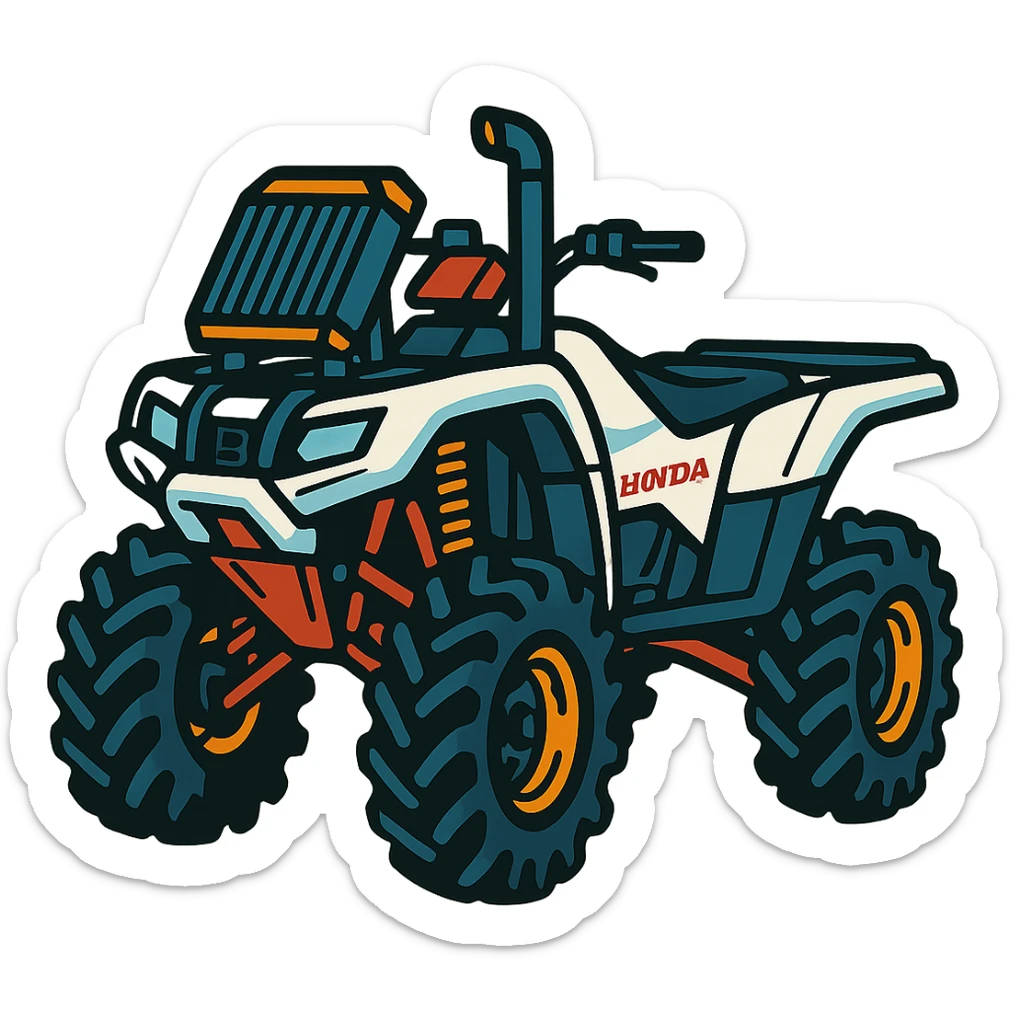 Honda 4 wheeler ATV with white plastics, a radiator relocate kit, a tall snorkel, a lift kit, and big tires, vibrant style sticker