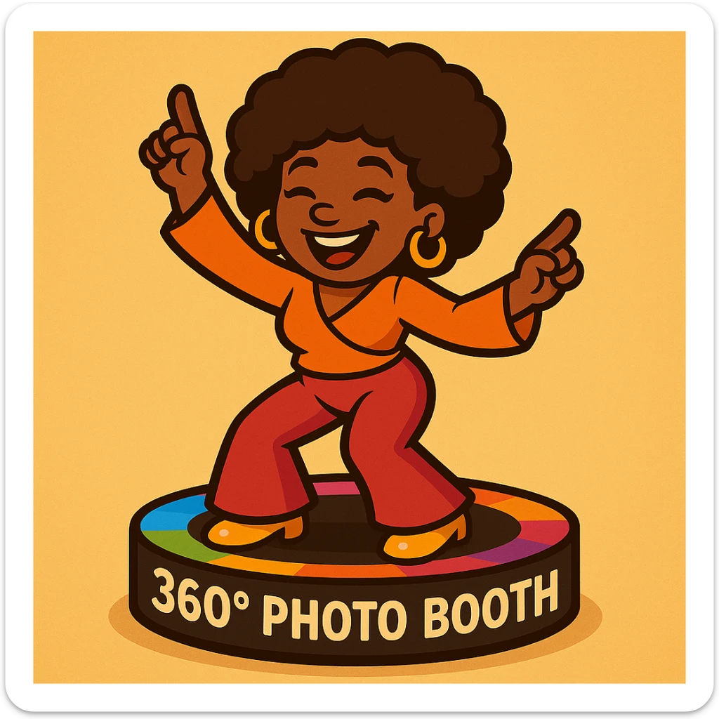 Place the disco emoji of a female African American on a 360 photo booth platform, as if she is dancing on it, in vibrant toon art style. sticker
